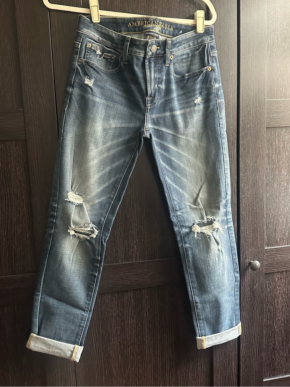 American Eagle Blue Skinny Jeans with Frays & Cuffed Hem